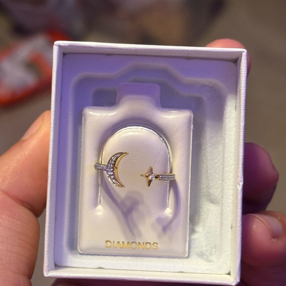 Diamond star and moon open ring sterling silver , gold plated,